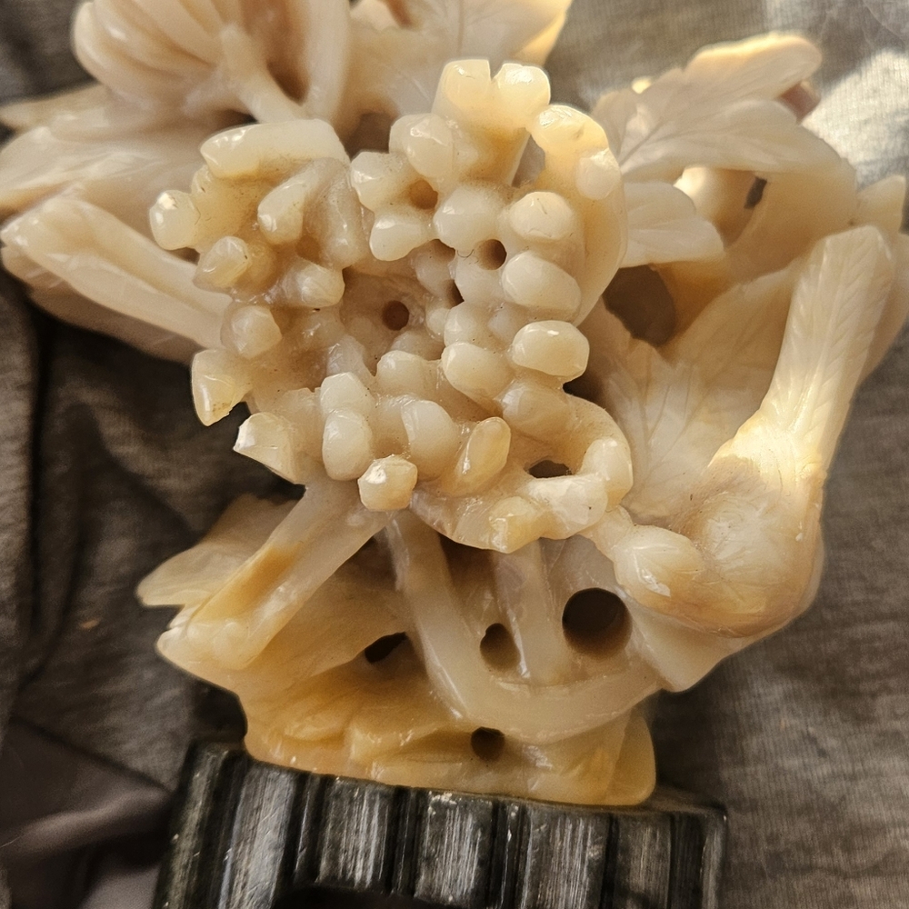 Carved Floral Beige Soapstone Sculpture